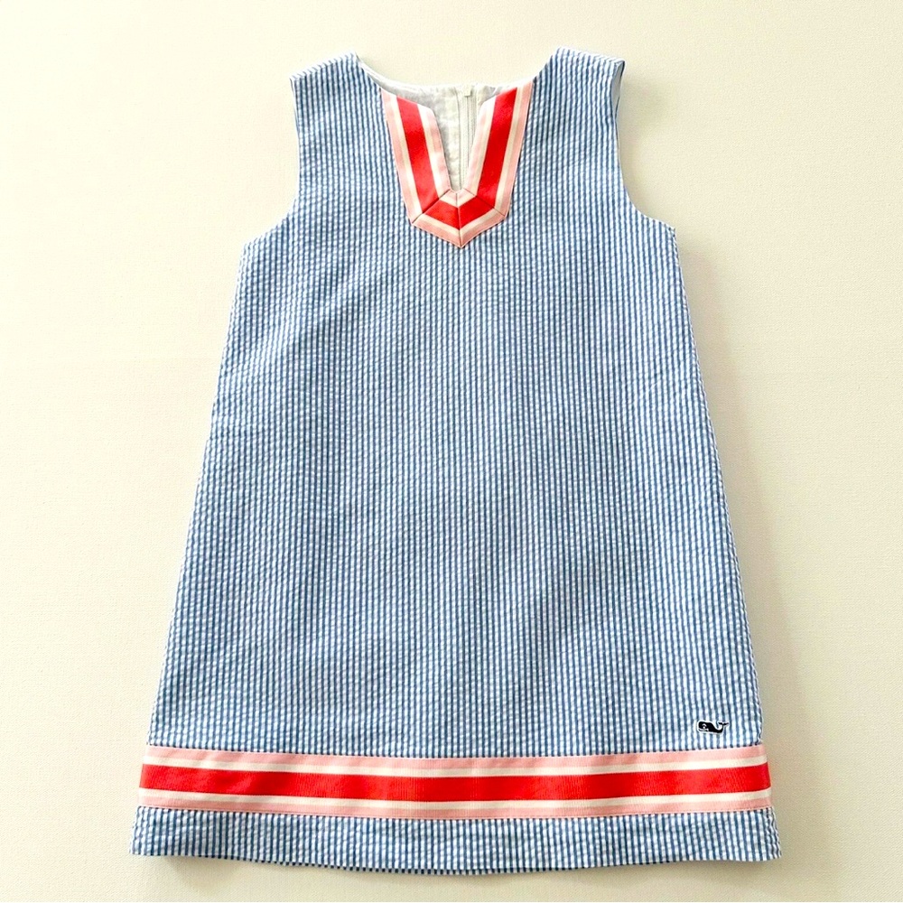 Vineyard Vines Preppy Seersucker Whale Shift Dress Striped Pink Ribbon Trim - 4T